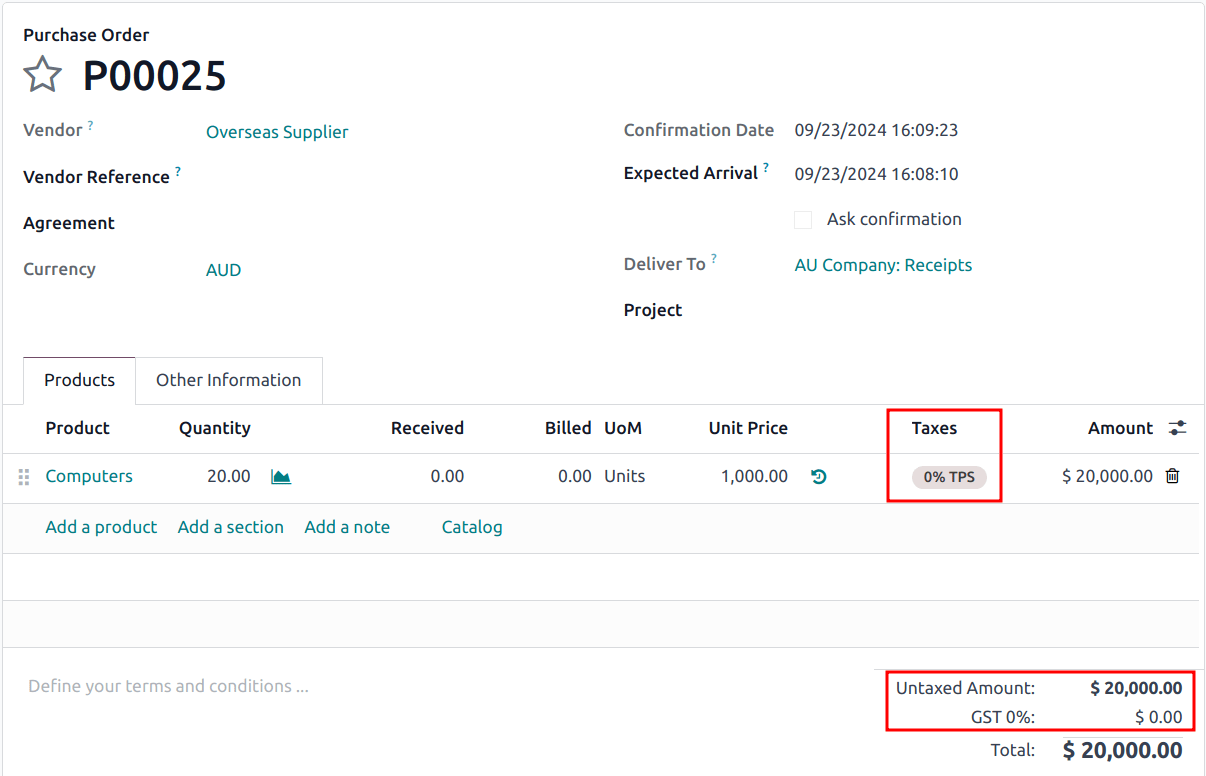 0% TPS skattur valinn á innkaupapöntun