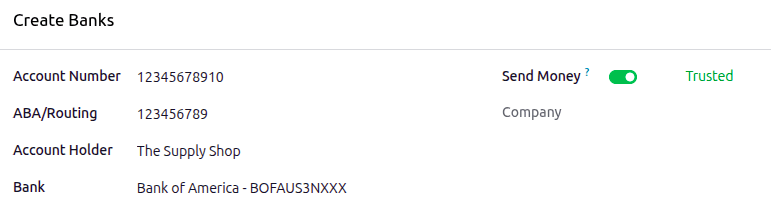 Bankaupplýsingar á eyðublaðinu Búa til banka.