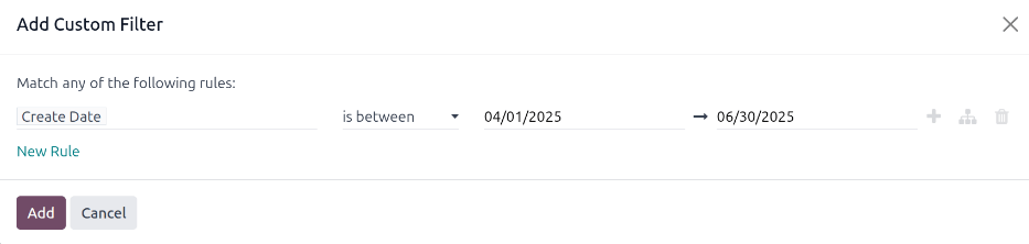 Sérsniðin sía með stillingum fyrir dagsetningabil.