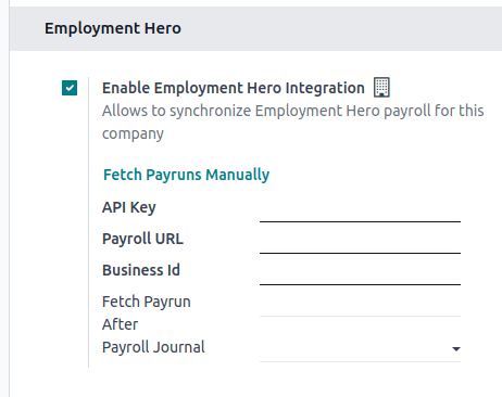 Virkjun Employment Hero tengingar í Odoo Bókhald birtir nýja reiti í stillingum