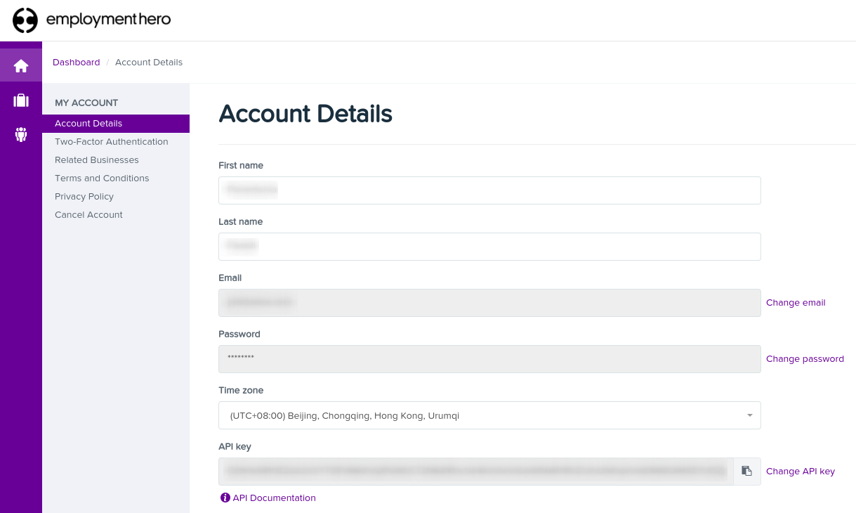 Finna Employment Hero API-lykil undir My Account.