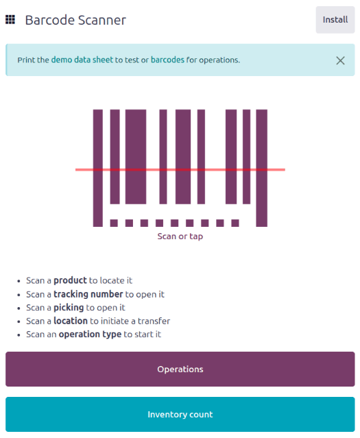 Upphafsskjár Barcode app með lesara.