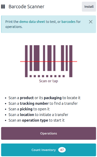 Upphafssíða Barcode appsins með skanna.