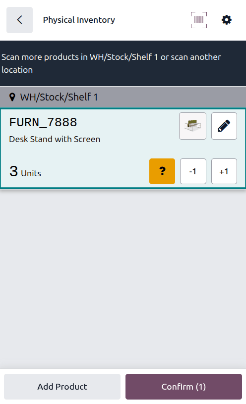 Síða fyrir Physical Inventory í Barcode með birgðaleiðréttingu.