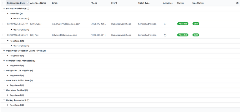 Listasýn á skýrslusíðunni Þátttakendur í Odoo Events.