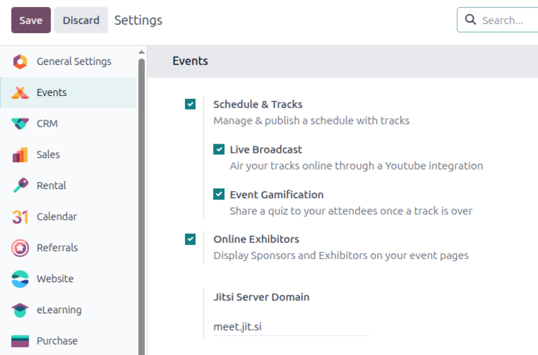 Stillingin Dagskrá og erindi í Odoo Events, með samsvarandi valkostum.