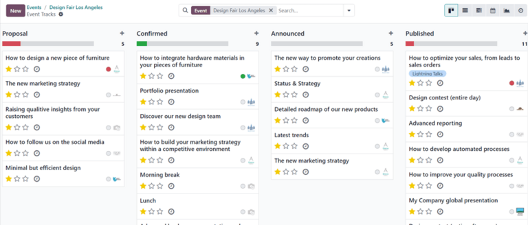 Dæmigerð síða með erindum fyrir viðburð í Odoo Events.