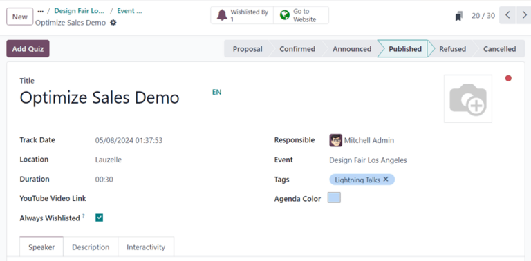 Dæmigert eyðublað fyrir erindi í Odoo Events.