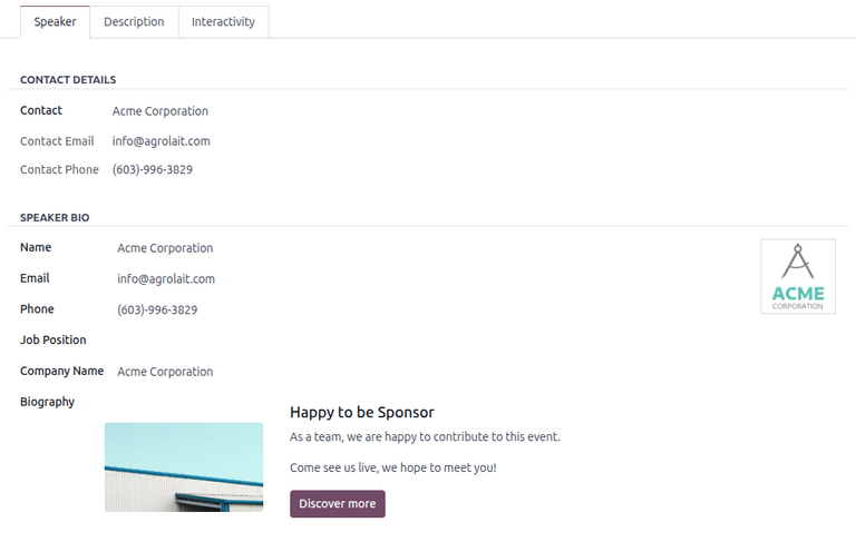 Flipinn Fyrirlesari á eyðublaði erindis í Odoo Events.