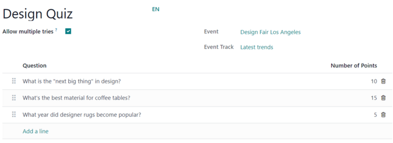 Síðan Bæta við prófi í Odoo Events fyrir erindi.