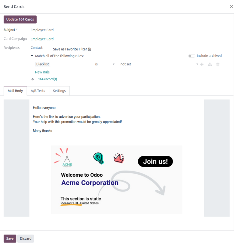 Senda kort - gluggi þegar póstsendingar eru sendar í Odoo Marketing Card.