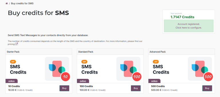 Síða til að kaupa SMS-inneign í Odoo IAP-gáttinni.