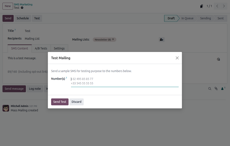 Prófun á SMS-skilaboðum í Odoo SMS Marketing.