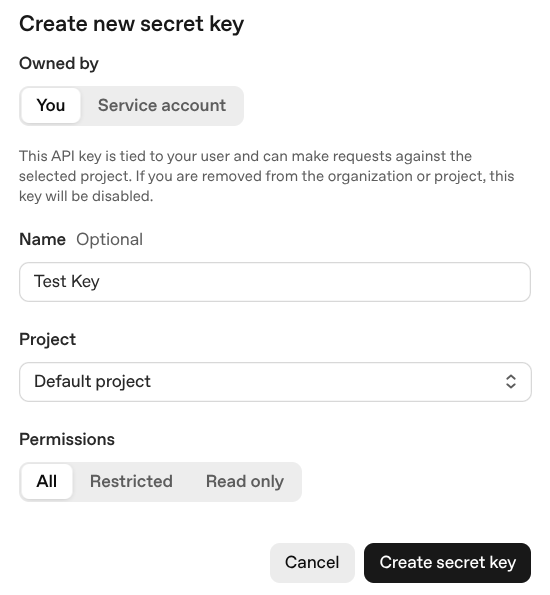 Sprettigluggi þar sem nýir API-lyklar eru búnir til hjá OpenAI.