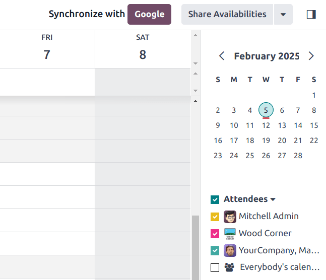 Smelltu á Google-samstillingarhnappinn í Odoo Dagatali til að samstilla við Google Calendar.