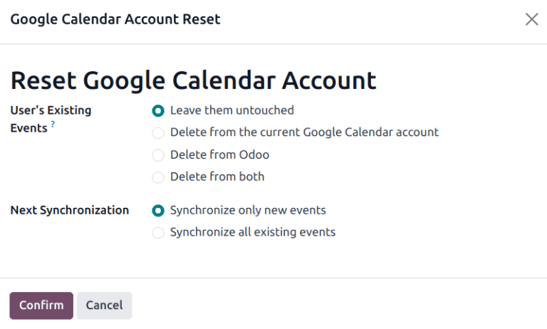Endurstillingarvalkostir Google Calendar í Odoo.