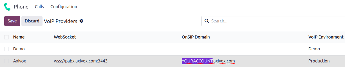 Stillingar fyrir Axivox-veitanda í Odoo Phone.