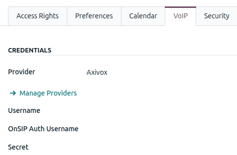 Axivox-auðkenni á notandaprófíl í Odoo.