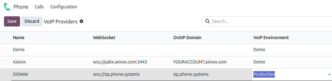 DIDWW-stillingar í forritinu Odoo Phone.