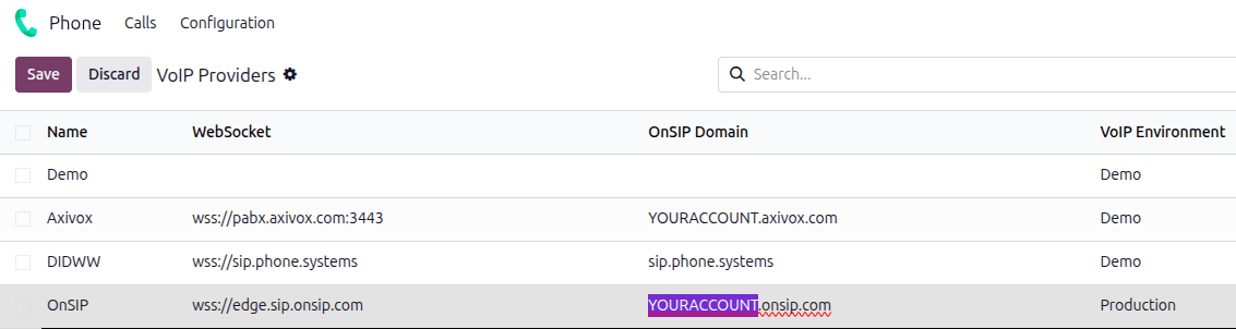 Stillingar fyrir OnSIP í Odoo Sími.
