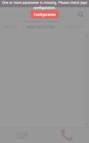 Skilaboðin „Missing Parameters“ í Odoo símaviðbótinni.