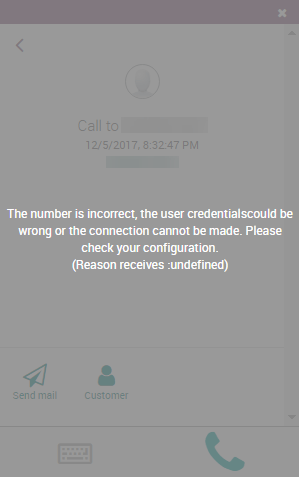 Skilaboðin „Incorrect Number“ í Odoo símaviðbótinni.