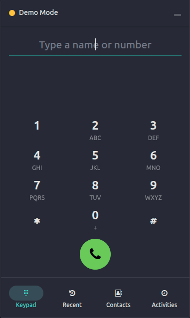 Phone-viðmótið hefur fjóra flipa: Lyklaborð, Nýlegt, Tengiliðir og Aðgerðir.