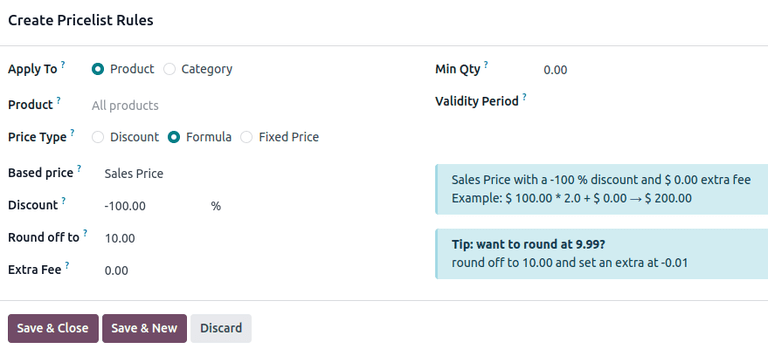 Hvernig á að setja álagsverð með $5 lágmarksframlegð í Odoo Sala.