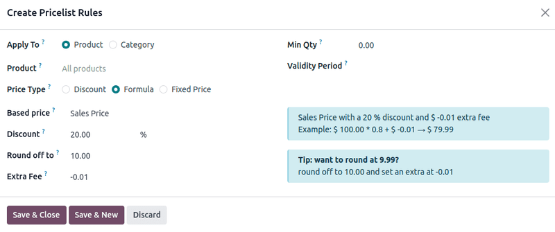 Dæmi um 20% afslátt þar sem verð eru rúnuð í 9.99 í Odoo Sala.