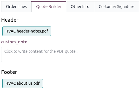 Flipinn Quote Builder með völdum hausum og fótum. Sérsniðnir athugasemdareitir birtast til útfyllingar.
