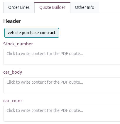 Flipinn Quote Builder með kaupsamnings-eyðublaði fyrir ökutæki völdu sem haus.