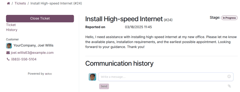 Sýn viðskiptavinar á lokun miða í Odoo Helpdesk.
