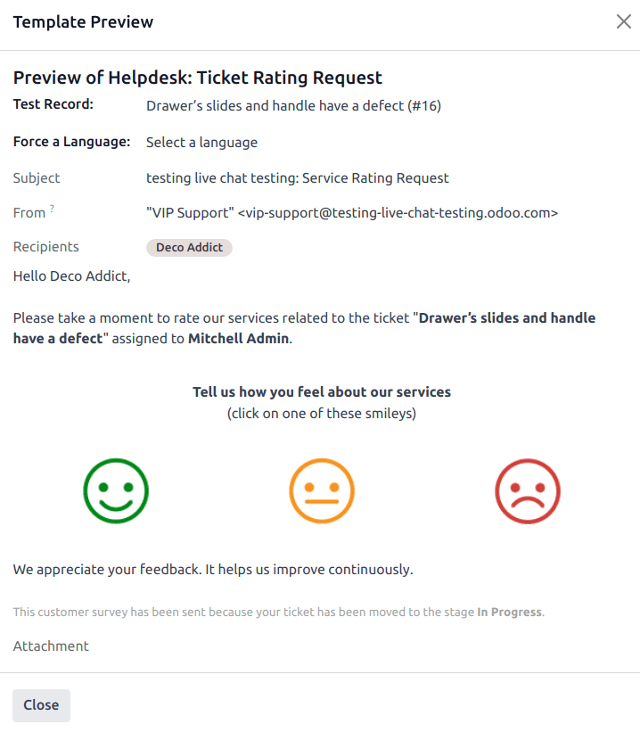 Forskoðun á sniðmáti fyrir beiðni um einkunn á miða í Helpdesk.