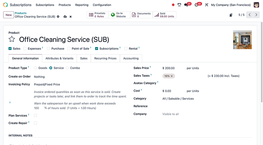Einfalt vörueyðublað fyrir áskrift í Odoo Subscriptions.
