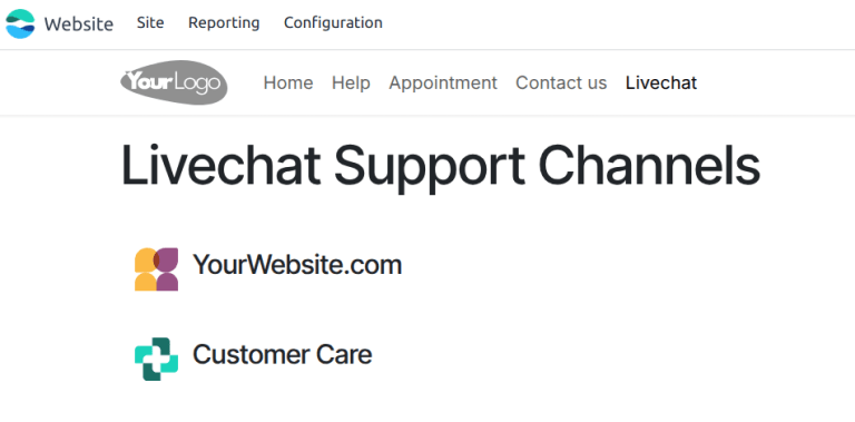 Vefsíða fyrir Live Chat einkunnir, tákn rásar í forgrunni.