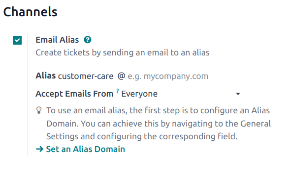 Sýn á stillingasíðu Helpdesk-teymis með áherslu á netfangs-alias í Odoo Helpdesk.