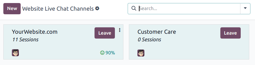 Sýn á Kanban-spjöld fyrir tiltækar Live Chat rásir.