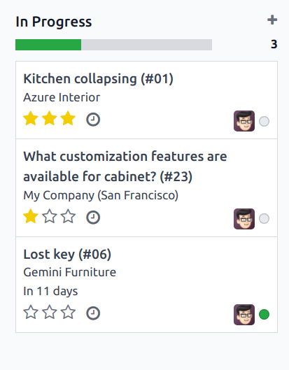 Sýn á Kanban-yfirlit teymis og forgangsröðaðar beiðnir í Odoo Helpdesk.