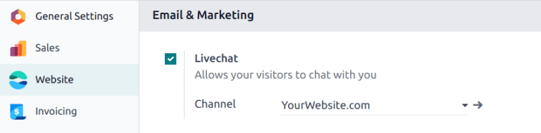 Sýn á stillingasíðu og Live Chat eiginleika í Odoo.