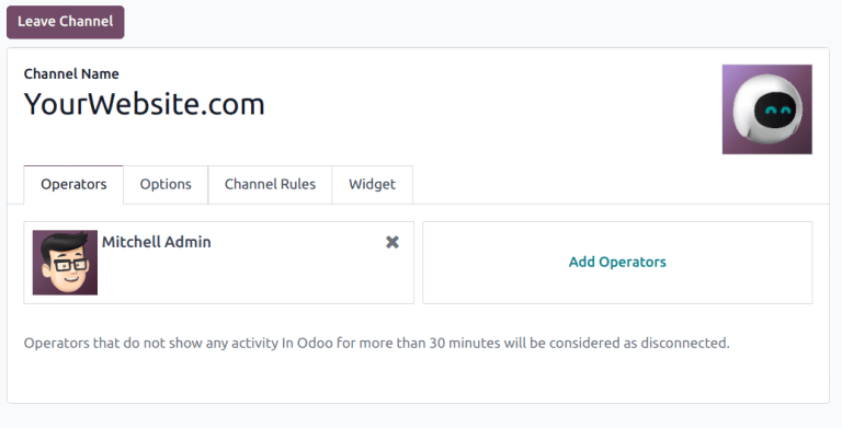 Sýn á rásarform fyrir Live Chat í Odoo.