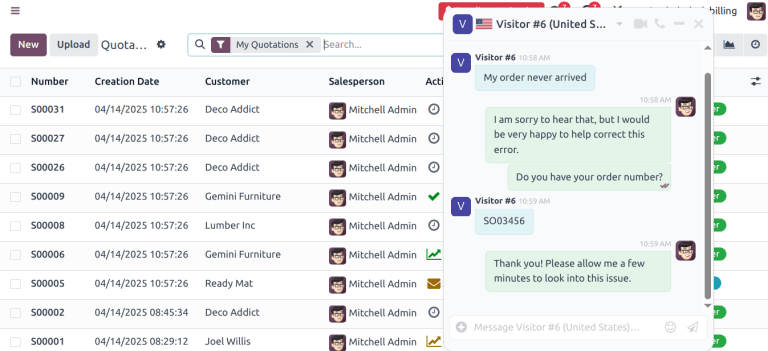 Live Chat sprettigluggi í Odoo gagnagrunni.