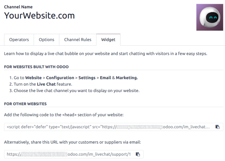 Yfirlit yfir flipann Widget fyrir Odoo Live Chat.
