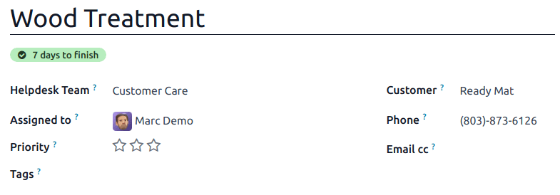 Miðaform með áherslu á uppfyllta SLA í Odoo Helpdesk.