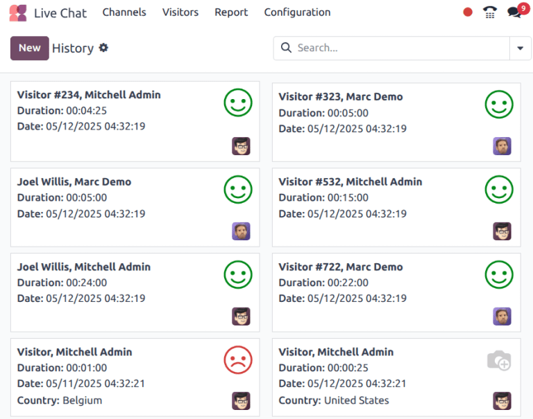 Dæmi um skýrsluna Saga spjalllota í Live Chat appinu.